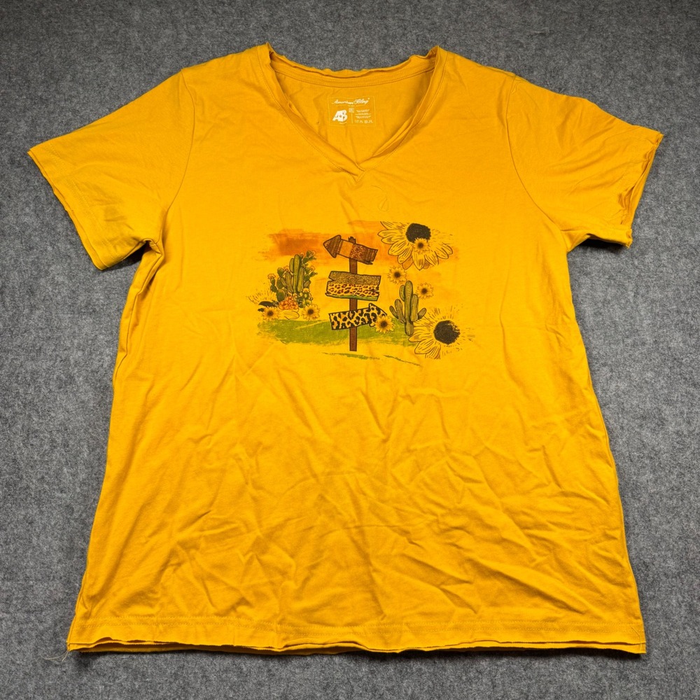 American‎ Bling Womens 2XL Mustard Yellow Western Graphic V-Neck T-Shirt Cacti